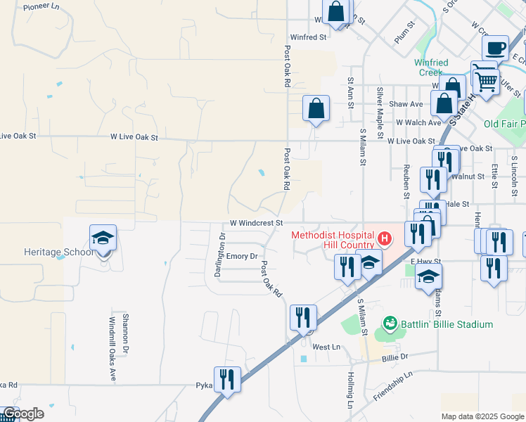 map of restaurants, bars, coffee shops, grocery stores, and more near 721 West Live Oak Street in Fredericksburg