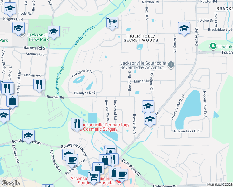 map of restaurants, bars, coffee shops, grocery stores, and more near 7486 Bowden Road in Jacksonville
