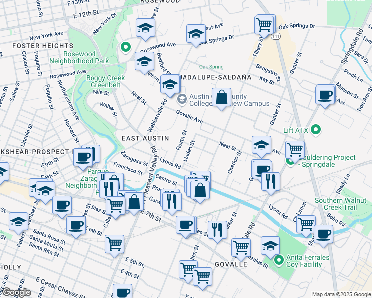 map of restaurants, bars, coffee shops, grocery stores, and more near 911 Linden Street in Austin