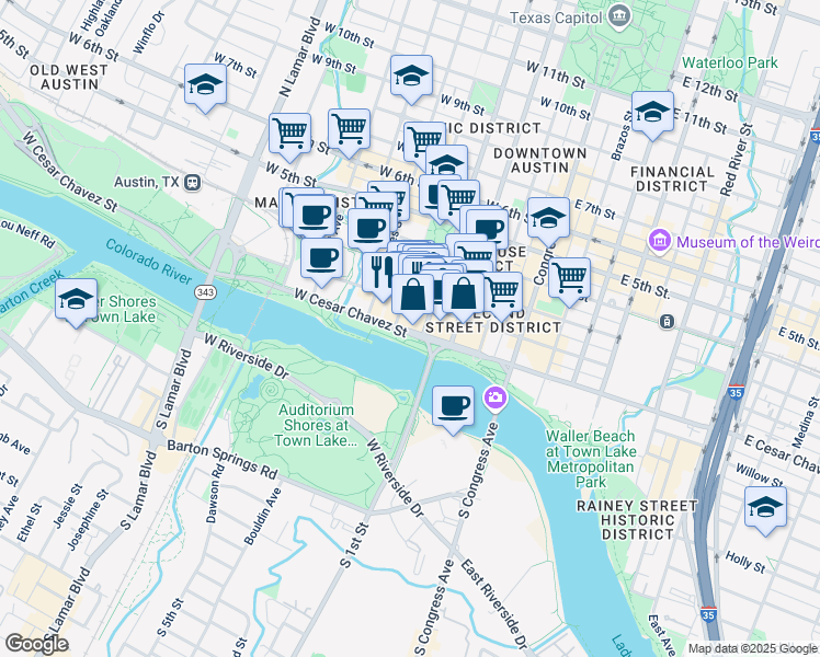map of restaurants, bars, coffee shops, grocery stores, and more near 400 West Cesar Chavez Street in Austin