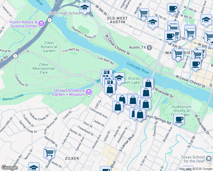 map of restaurants, bars, coffee shops, grocery stores, and more near 1872 Barton Springs Road in Austin
