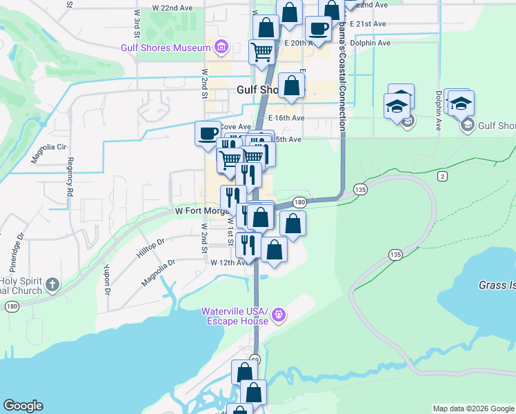 map of restaurants, bars, coffee shops, grocery stores, and more near in Gulf Shores
