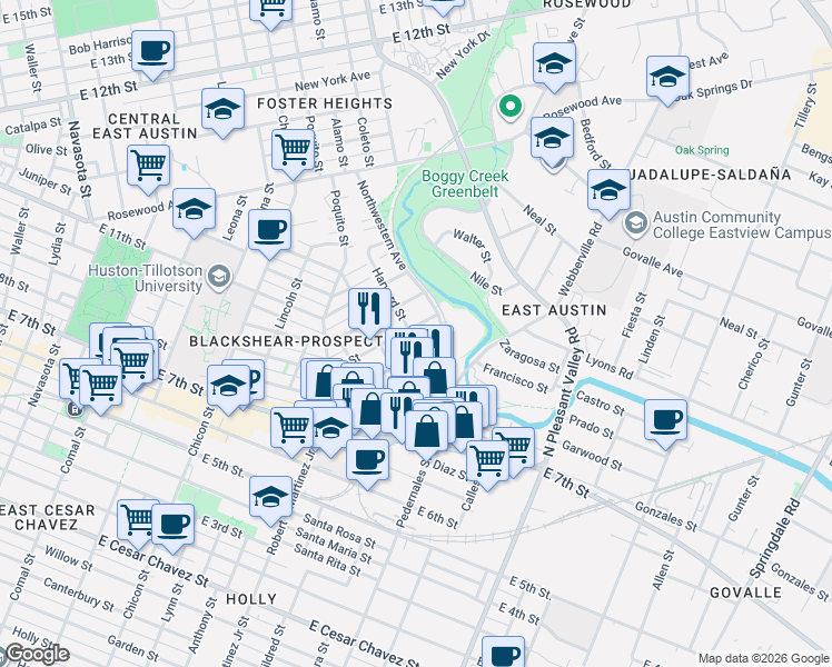 map of restaurants, bars, coffee shops, grocery stores, and more near 2416 East 8th Street in Austin