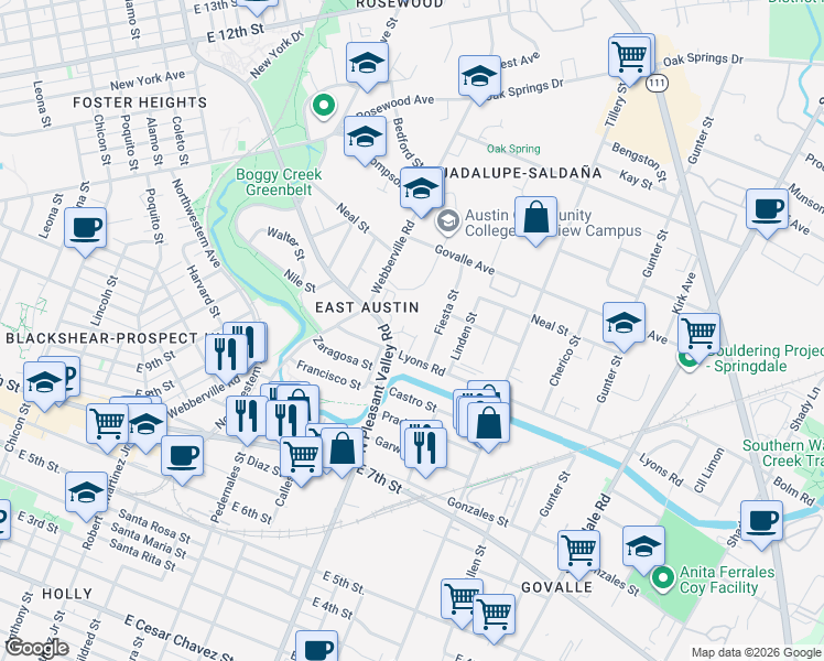 map of restaurants, bars, coffee shops, grocery stores, and more near 2800 Lyons Road in Austin