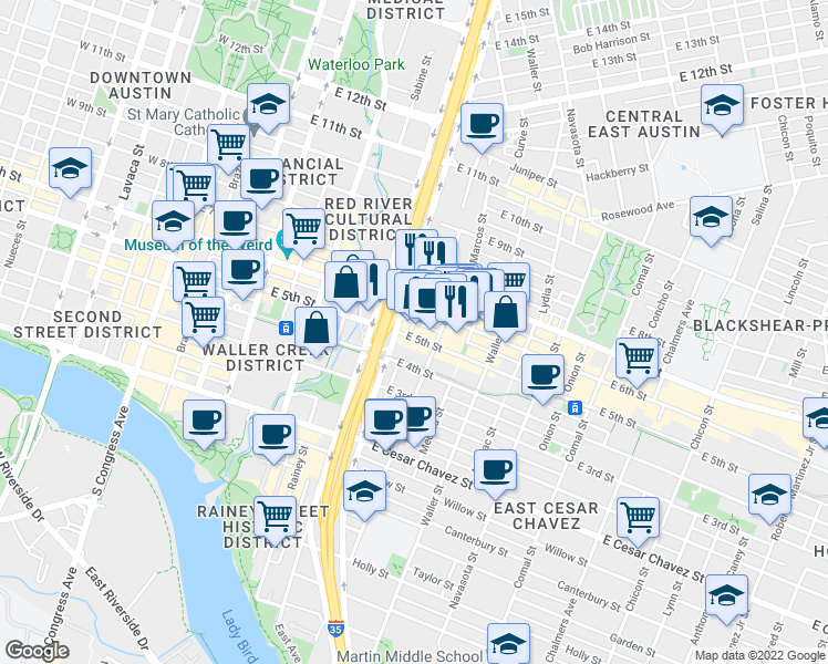 map of restaurants, bars, coffee shops, grocery stores, and more near 509 Brushy Street in Austin