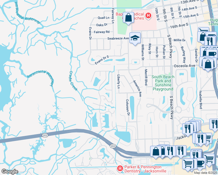 map of restaurants, bars, coffee shops, grocery stores, and more near 1593 Blue Heron Lane North in Jacksonville Beach