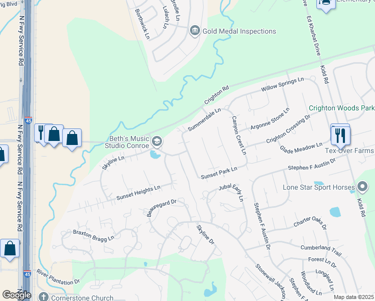 map of restaurants, bars, coffee shops, grocery stores, and more near 15141 Meadow Creek Lane in Conroe