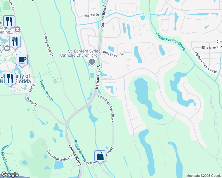 map of restaurants, bars, coffee shops, grocery stores, and more near 4850 1st Coast Tech Parkway in Jacksonville