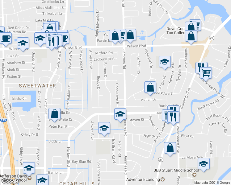 map of restaurants, bars, coffee shops, grocery stores, and more near 4022 Cobalt Avenue East in Jacksonville