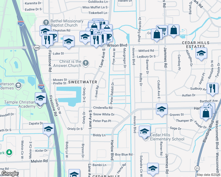 map of restaurants, bars, coffee shops, grocery stores, and more near 6801 Blanco Court in Jacksonville