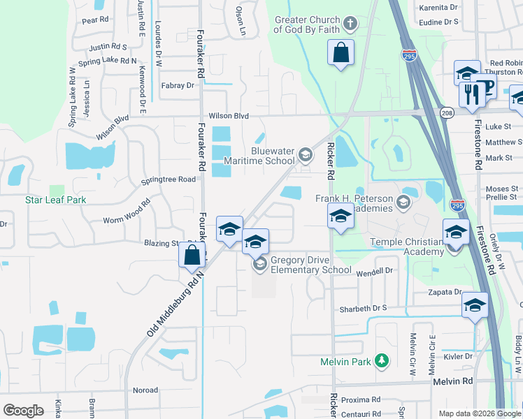 map of restaurants, bars, coffee shops, grocery stores, and more near 7835 Wildlife Court in Jacksonville