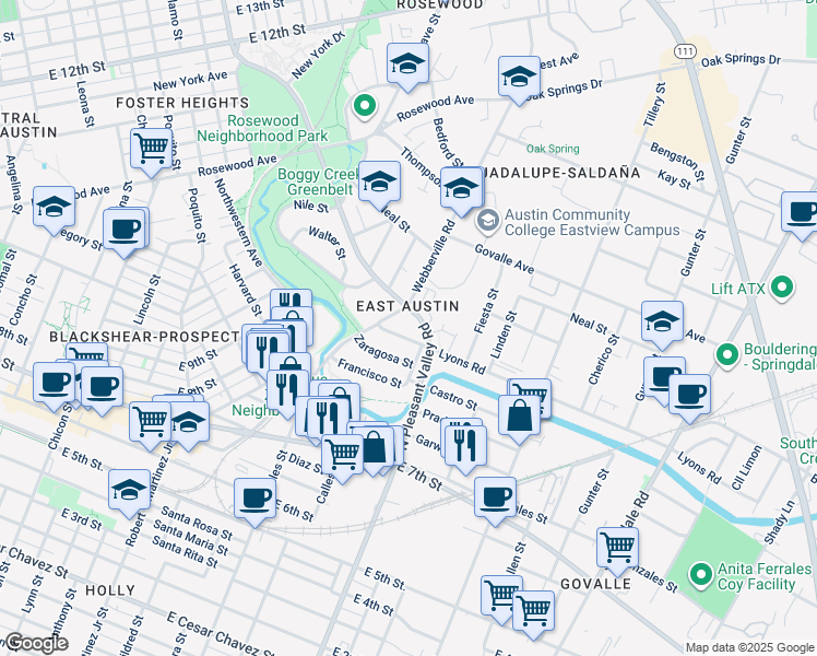 map of restaurants, bars, coffee shops, grocery stores, and more near 807 Maude Street in Austin
