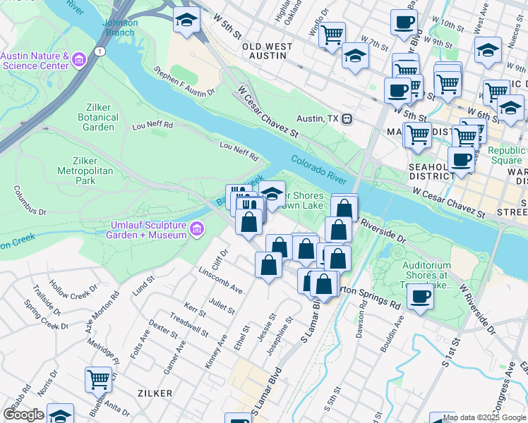 map of restaurants, bars, coffee shops, grocery stores, and more near 1720 Barton Springs Road in Austin