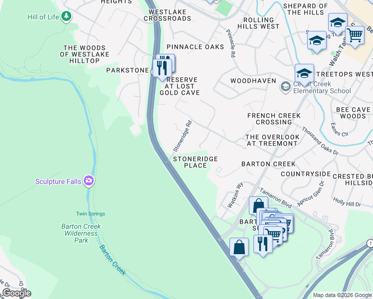 map of restaurants, bars, coffee shops, grocery stores, and more near 3667 Stoneridge Road in Austin