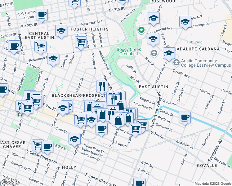 map of restaurants, bars, coffee shops, grocery stores, and more near 2416 East 8th Street in Austin