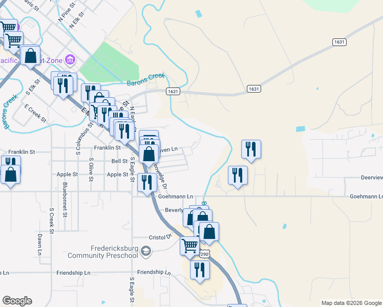 map of restaurants, bars, coffee shops, grocery stores, and more near 1114 Meadowlark Drive in Fredericksburg