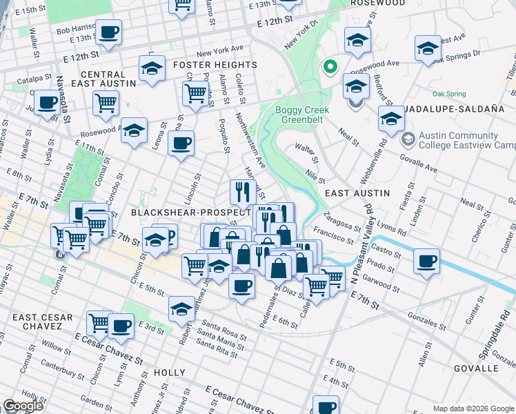 map of restaurants, bars, coffee shops, grocery stores, and more near 2416 East 8th Street in Austin