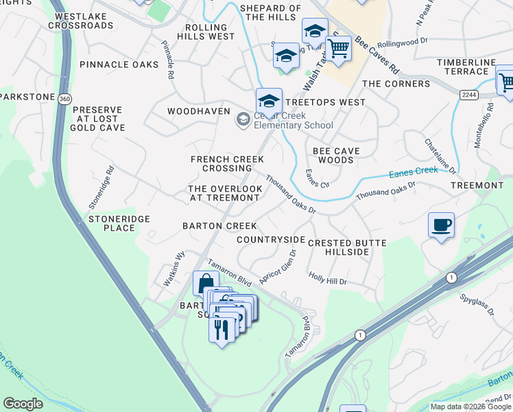 map of restaurants, bars, coffee shops, grocery stores, and more near 1807 Stoneridge Road in Austin