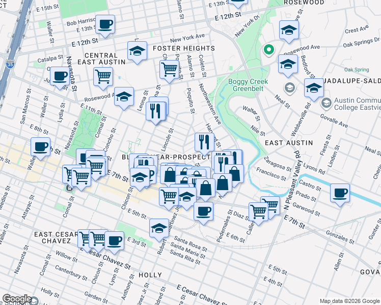 map of restaurants, bars, coffee shops, grocery stores, and more near 2300 East 10th Street in Austin
