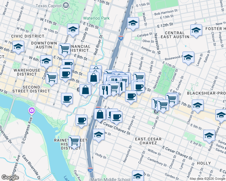 map of restaurants, bars, coffee shops, grocery stores, and more near 902 East 5th Street in Austin