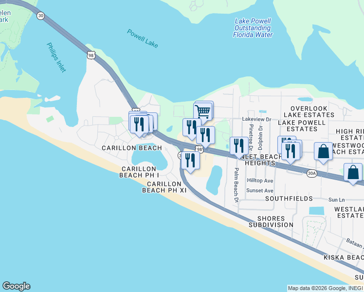 map of restaurants, bars, coffee shops, grocery stores, and more near 8329 East Co Road 30A in Panama City Beach