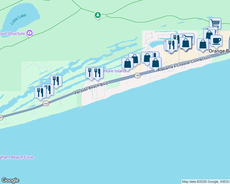 map of restaurants, bars, coffee shops, grocery stores, and more near 24653-24587 Cross Street in Orange Beach