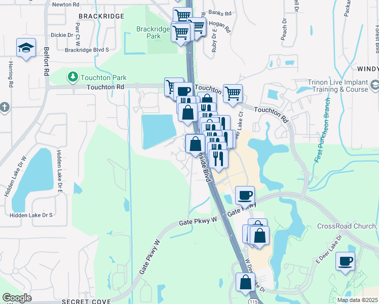 map of restaurants, bars, coffee shops, grocery stores, and more near Deerwood Lake Parkway in Jacksonville