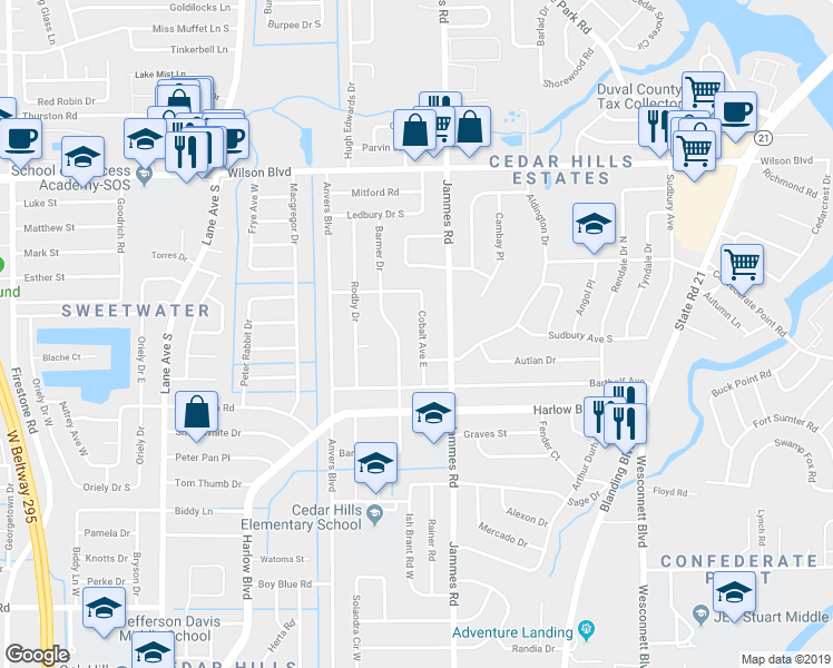 map of restaurants, bars, coffee shops, grocery stores, and more near 3914 Cobalt Avenue East in Jacksonville
