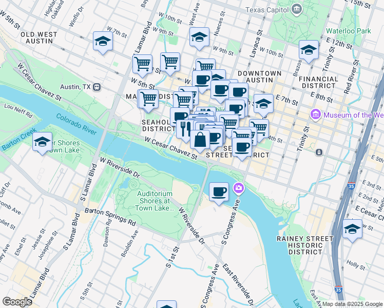map of restaurants, bars, coffee shops, grocery stores, and more near 110 San Antonio Street in Austin