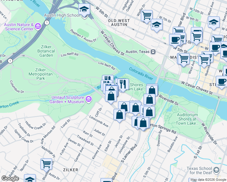 map of restaurants, bars, coffee shops, grocery stores, and more near 1725 Toomey Road in Austin