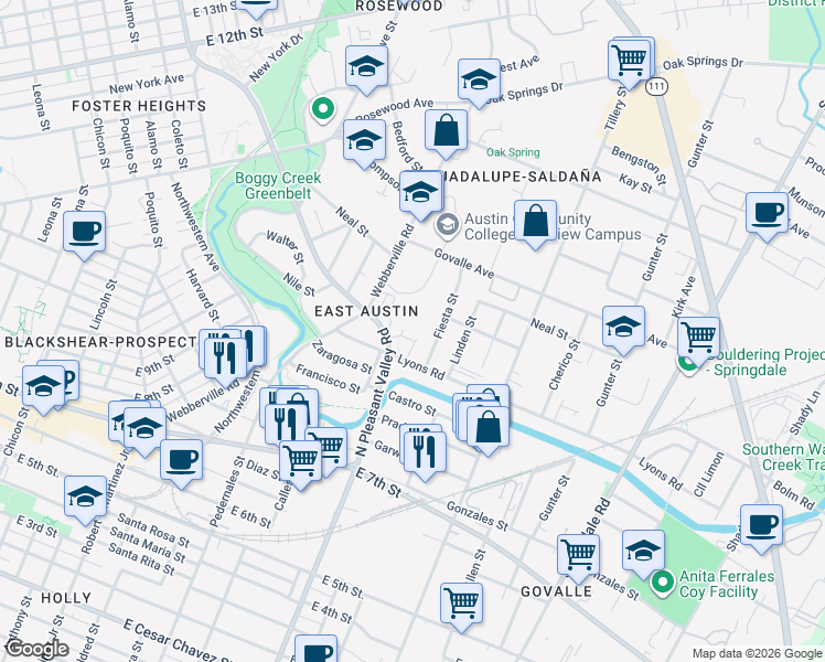 map of restaurants, bars, coffee shops, grocery stores, and more near 1006 Fiesta Street in Austin