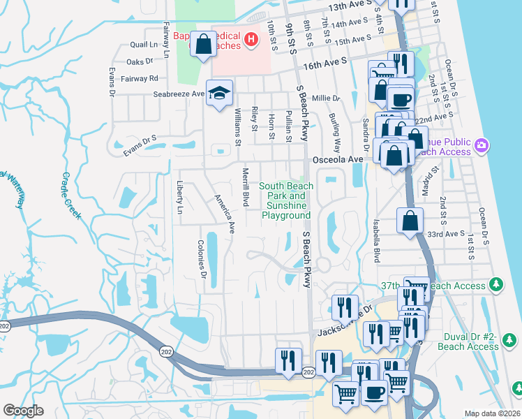 map of restaurants, bars, coffee shops, grocery stores, and more near Ponce De Leon Street in Jacksonville Beach