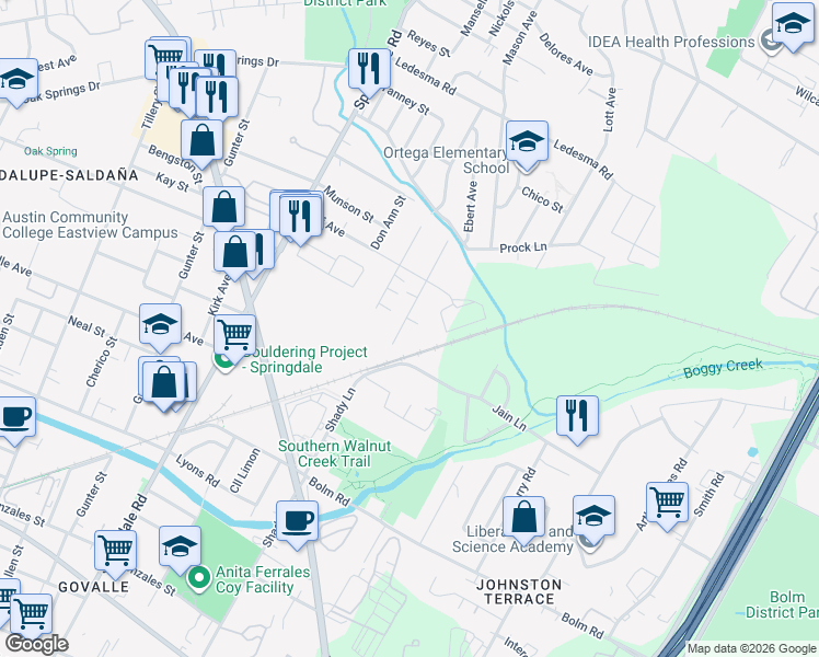 map of restaurants, bars, coffee shops, grocery stores, and more near 1125 Brookswood Avenue in Austin