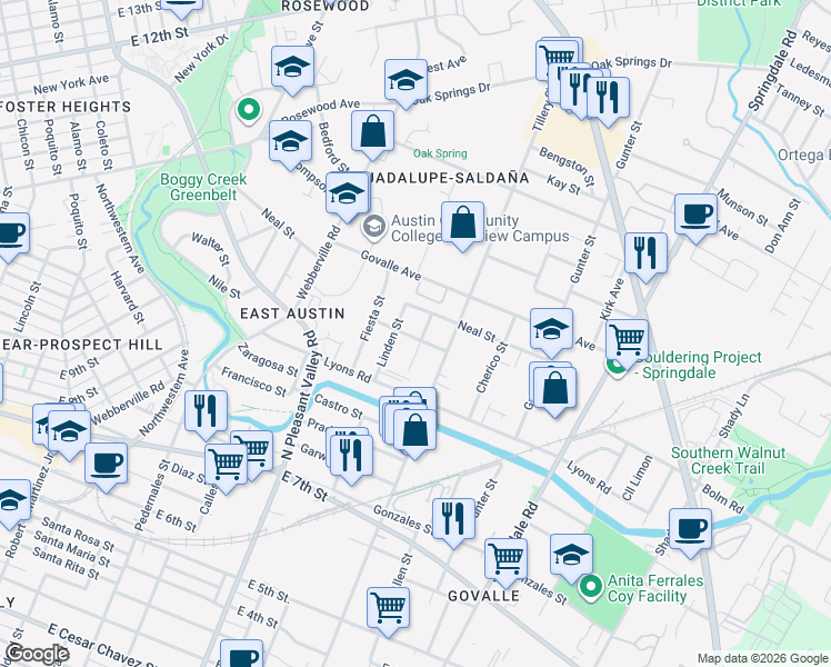 map of restaurants, bars, coffee shops, grocery stores, and more near 1100 Brass Street in Austin