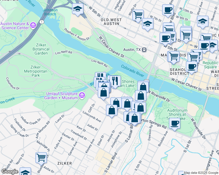 map of restaurants, bars, coffee shops, grocery stores, and more near 1717 Toomey Road in Austin