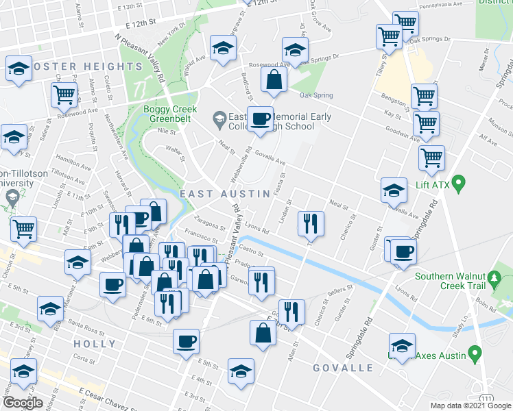 map of restaurants, bars, coffee shops, grocery stores, and more near 1006 Fiesta Street in Austin