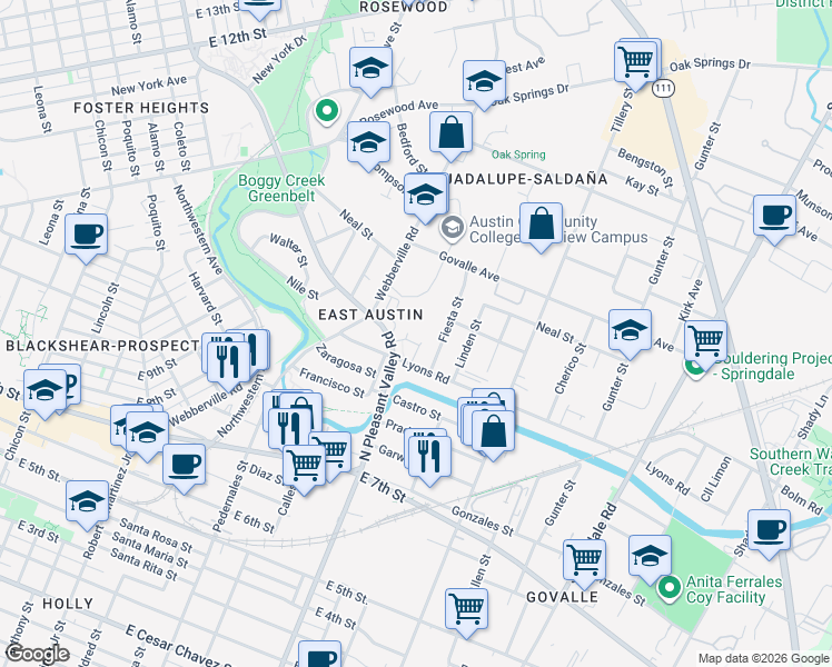 map of restaurants, bars, coffee shops, grocery stores, and more near 1006 Fiesta Street in Austin