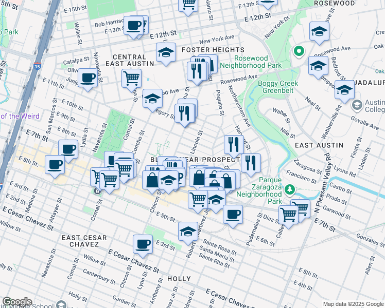 map of restaurants, bars, coffee shops, grocery stores, and more near 2005 East 11th Street in Austin