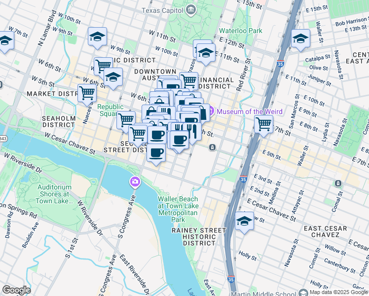 map of restaurants, bars, coffee shops, grocery stores, and more near 306 East 4th Street in Austin