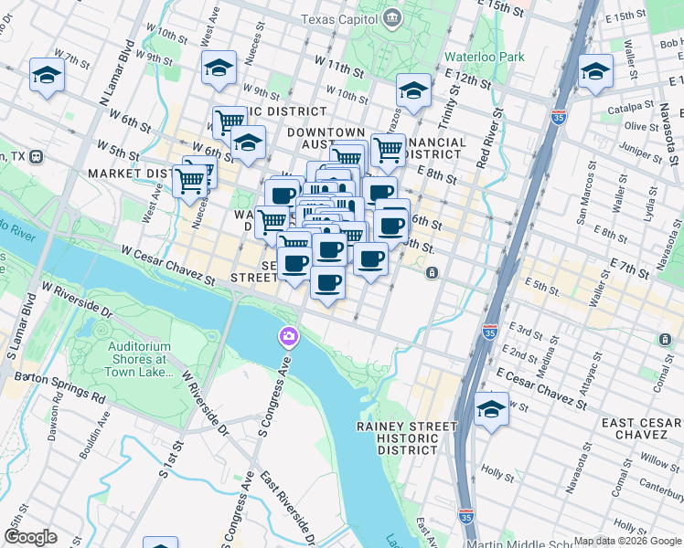 map of restaurants, bars, coffee shops, grocery stores, and more near 301 Brazos Street in Austin