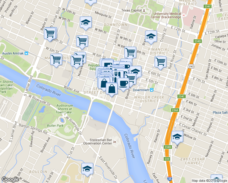 map of restaurants, bars, coffee shops, grocery stores, and more near in Austin