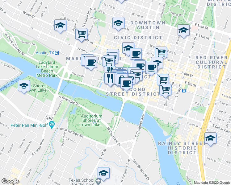 map of restaurants, bars, coffee shops, grocery stores, and more near 110 San Antonio Street in Austin