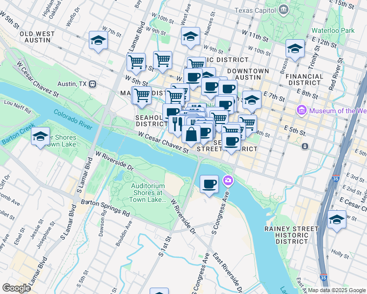 map of restaurants, bars, coffee shops, grocery stores, and more near 110 San Antonio Street in Austin