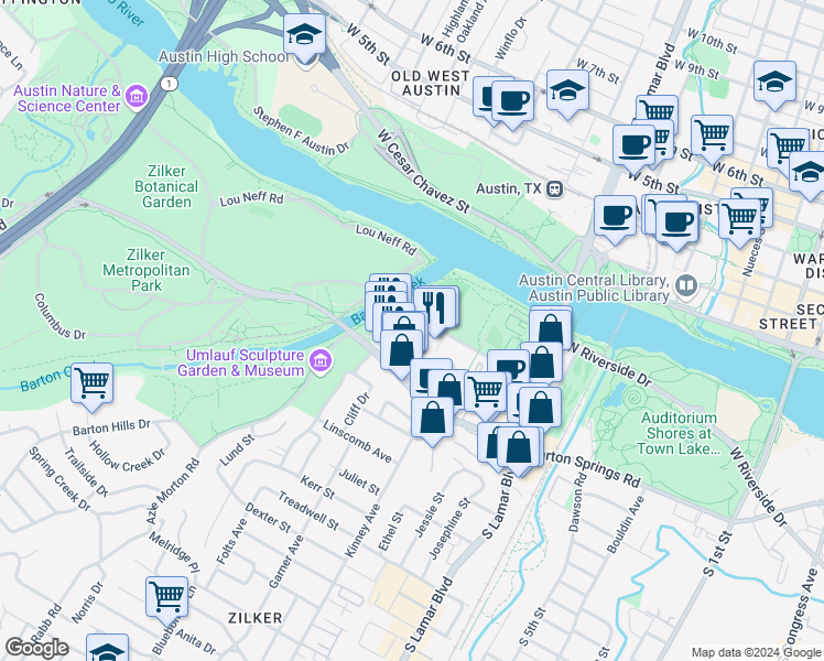 map of restaurants, bars, coffee shops, grocery stores, and more near 406 Sterzing Street in Austin