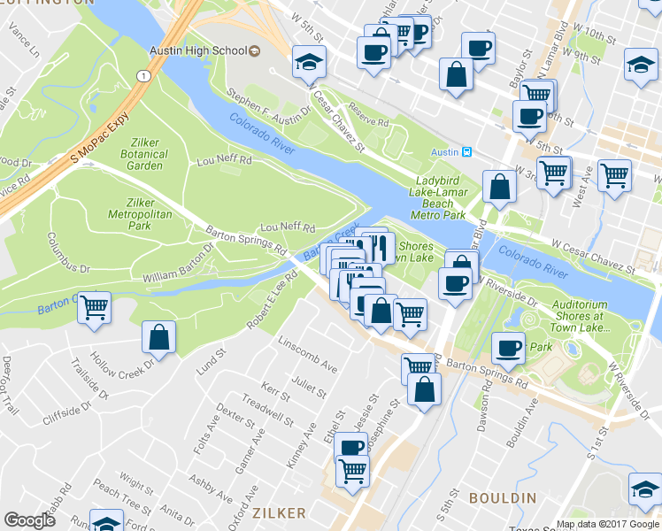 map of restaurants, bars, coffee shops, grocery stores, and more near 412 Sterzing Street in Austin