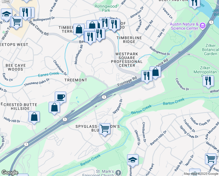 map of restaurants, bars, coffee shops, grocery stores, and more near 1000 Liberty Park Drive in Austin