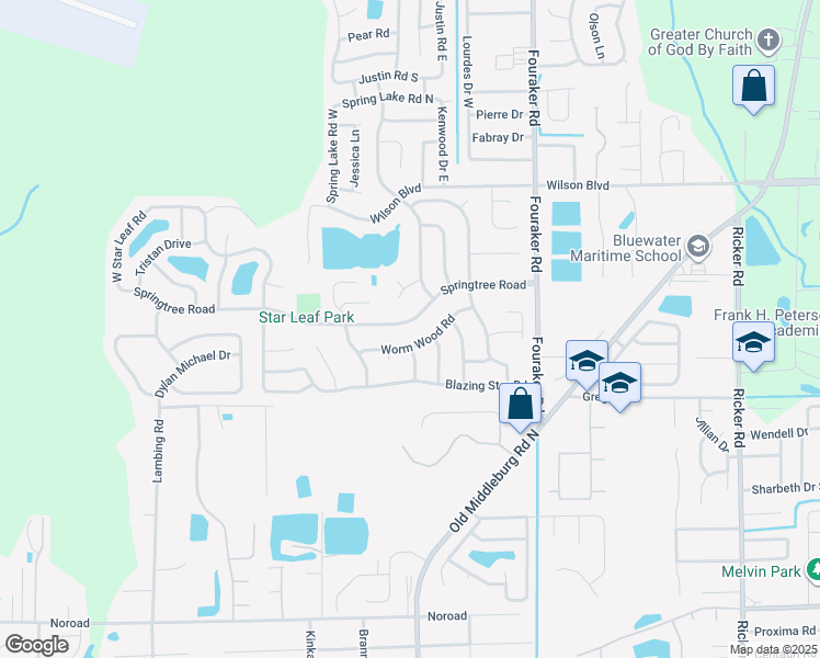 map of restaurants, bars, coffee shops, grocery stores, and more near 8240 Springtree Road in Jacksonville
