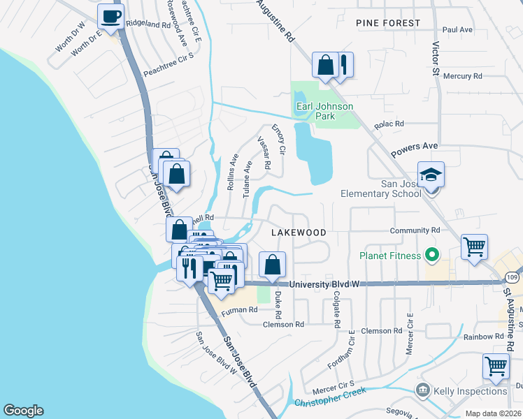 map of restaurants, bars, coffee shops, grocery stores, and more near 5339 Tulane Avenue in Jacksonville