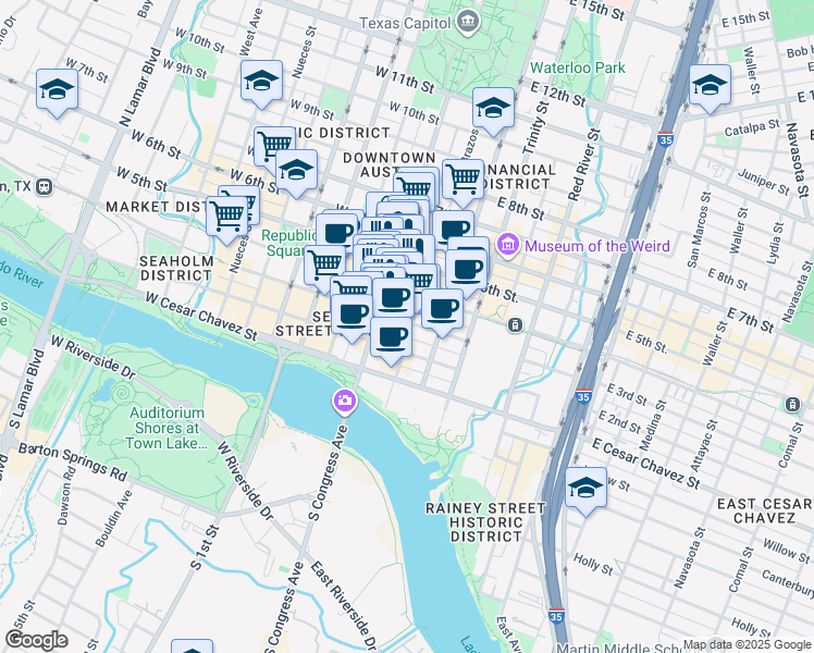 map of restaurants, bars, coffee shops, grocery stores, and more near 217 Congress Avenue in Austin