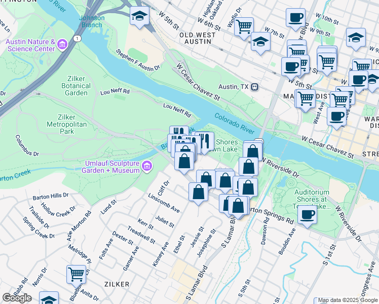 map of restaurants, bars, coffee shops, grocery stores, and more near Ann and Roy Butler Hike and Bike Trail in Austin